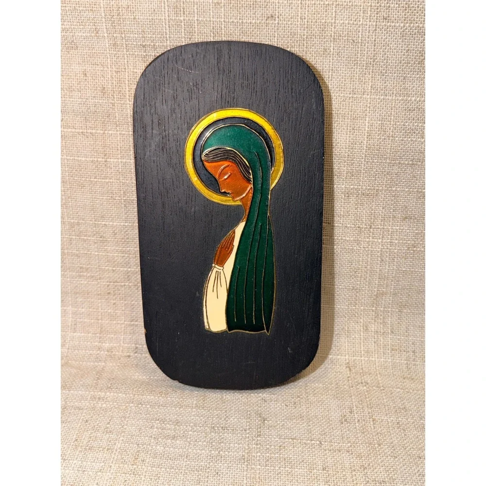 Vintage Cre Art SA Mexico Mary Wood Brass Plaque Enamel Mid Century Modern Art